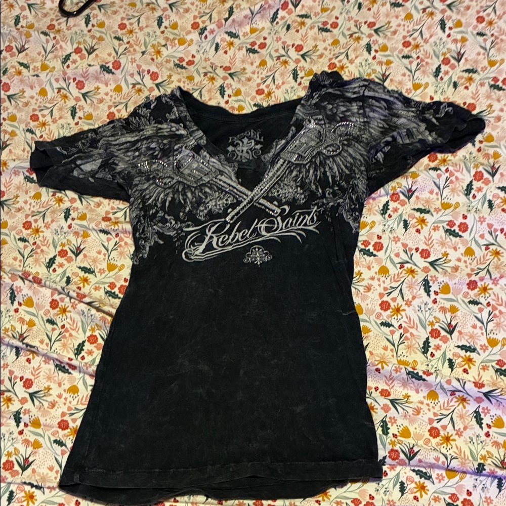 Rebel Spirit Black Tee with Silver Wings